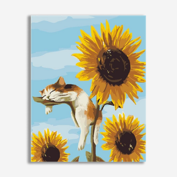 Relaxing Cat On Sunflower - Paint By Number Kit